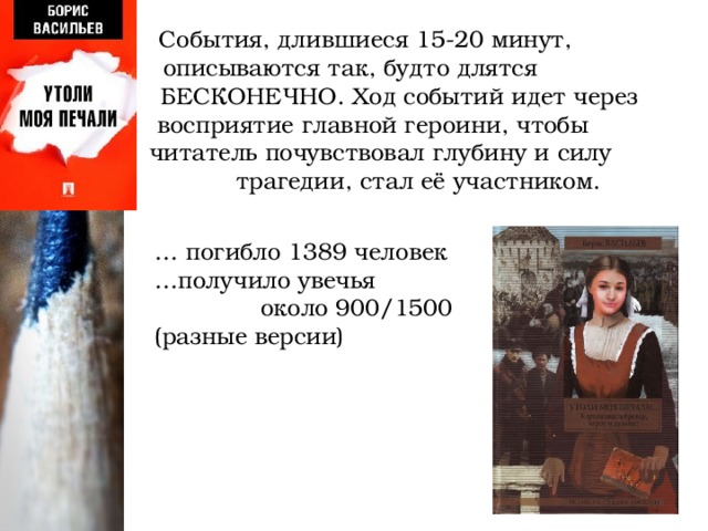 События, длившиеся 15-20 минут, описываются так, будто длятся БЕСКОНЕЧНО. Ход событий идет через восприятие главной героини, чтобы читатель почувствовал глубину и силу трагедии, стал её участником. … погибло 1389 человек … получило увечья  около 900/1500 (разные версии) 
