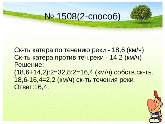 № 1508(2-способ) Ск-ть катера по течению реки - 18,6 (км/ч) Ск-ть катера против теч.реки - 14,2 (км/ч) Решение: (18,6+14,2):2=32,8:2=16,4 (км/ч) собств.ск-ть. 18,6-16,4=2,2 (км/ч) ск-ть течения реки Ответ:16,4.  