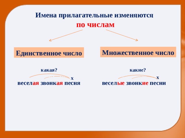 Имена прилагательные изменяются по числам Множественное число Единственное число какая? какие? х х весел ая звонк ая песня весел ые звонк ие песни 
