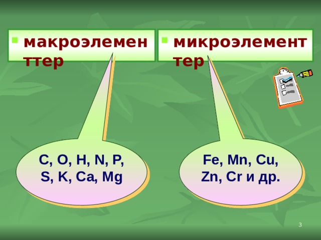 макроэлементтер микроэлементтер Fe, Mn, Cu, Zn, Cr и др. C, O, H, N, P, S, K, Ca, Mg  