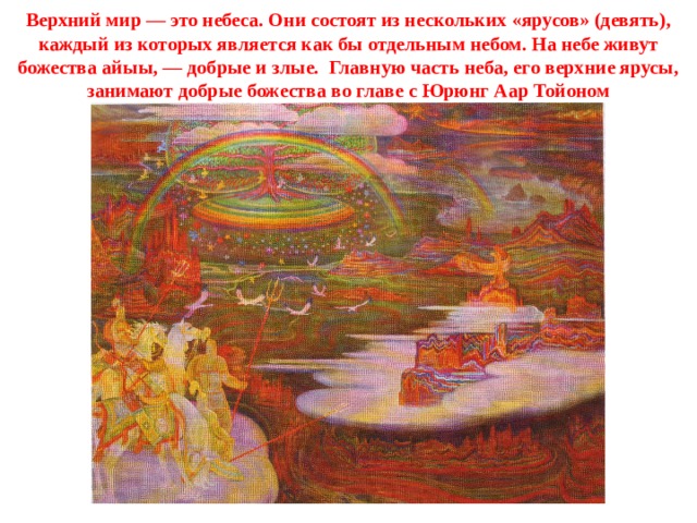 Верхний мир — это небеса. Они состоят из нескольких «ярусов» (девять), каждый из которых является как бы отдельным небом. На небе живут божества айыы, — добрые и злые. Главную часть неба, его верхние ярусы, занимают добрые божества во главе с Юрюнг Аар Тойоном 