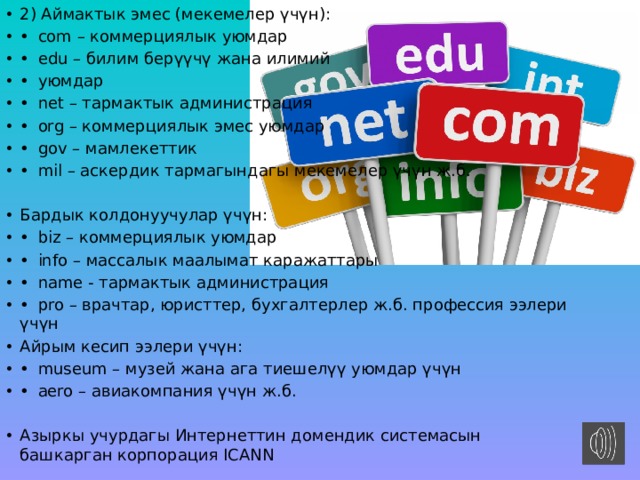 2) Аймактык эмес (мекемелер үчүн): •  com – коммерциялык уюмдар •  edu – билим берүүчү жана илимий •  уюмдар •  net – тармактык администрация •  org – коммерциялык эмес уюмдар •  gov – мамлекеттик •  mil – аскердик тармагындагы мекемелер үчүн ж.б. Бардык колдонуучулар үчүн: •  biz – коммерциялык уюмдар •  info – массалык маалымат каражаттары •  name - тармактык администрация •  pro – врачтар, юристтер, бухгалтерлер ж.б. профессия ээлери үчүн Айрым кесип ээлери үчүн: •  museum – музей жана ага тиешелүү уюмдар үчүн •  aero – авиакомпания үчүн ж.б. Азыркы учурдагы Интернеттин домендик системасын башкарган корпорация ICANN 
