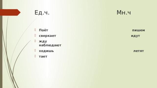 Ед.ч. Мн.ч Поёт пишем сверкает идут жду наблюдают ходишь летят тает 