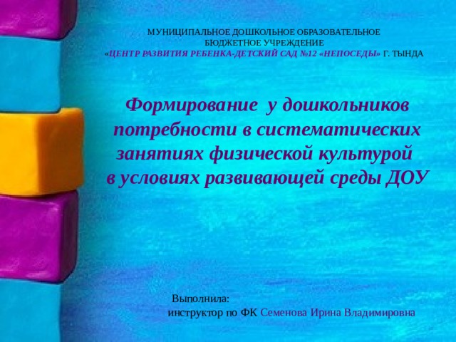 МУНИЦИПАЛЬНОЕ ДОШКОЛЬНОЕ ОБРАЗОВАТЕЛЬНОЕ  БЮДЖЕТНОЕ УЧРЕЖДЕНИЕ  « ЦЕНТР РАЗВИТИЯ РЕБЕНКА-ДЕТСКИЙ САД №12 «НЕПОСЕДЫ» Г. ТЫНДА Формирование у дошкольников потребности в систематических занятиях физической культурой в условиях развивающей среды ДОУ  Выполнила: инструктор по ФК Семенова Ирина Владимировна 