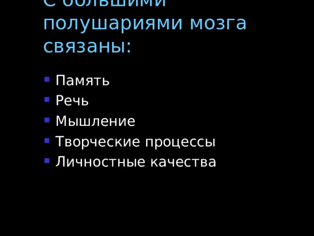 С большими полушариями мозга связаны: Память Речь Мышление Творческие процессы Личностные качества  