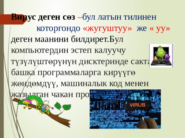 Вирус деген сөз – бул латын тилинен которгондо «жугуштуу» же « уу» деген маанини билдирет.Б ул компьютердин эстеп калуучу түзүлүштөрүнүн дисктеринде сакталган, башка программаларга кирүүгө жөндөмдүү, машиналык код менен жазылган чакан программа  