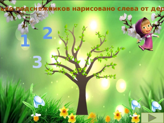 Сколько подснежников нарисовано слева от дерева? 2 1 3 