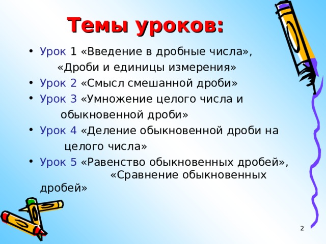 Темы уроков: Урок 1 «Введение в дробные числа»,   «Дроби и единицы измерения» Урок 2 «Смысл смешанной дроби» Урок 3 «Умножение целого числа и    обыкновенной дроби» Урок 4 «Деление обыкновенной дроби на   целого числа» Урок 5 «Равенство обыкновенных дробей»,    «Сравнение обыкновенных дробей»    