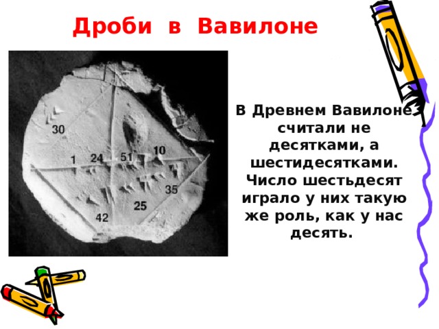 Дроби в Вавилоне В Древнем Вавилоне считали не десятками, а шестидесятками. Число шестьдесят играло у них такую же роль, как у нас десять. 
