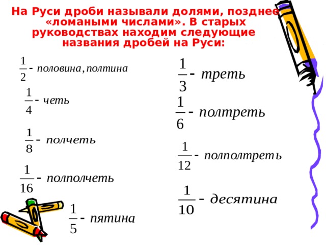  На Руси дроби называли долями, позднее «ломаными числами». В старых руководствах находим следующие названия дробей на Руси:   