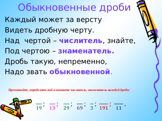 Обыкновенные дроби Каждый может за версту Видеть дробную черту. Над чертой – числитель , знайте, Под чертою – знаменатель. Дробь такую, непременно, Надо звать обыкновенной . Прочитайте, определите вид и назовите числитель, знаменатель каждой дроби: 