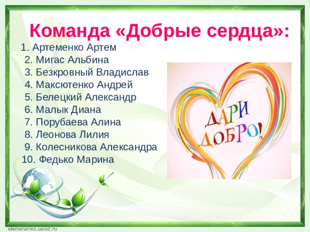  Команда «Добрые сердца»:   1. Артеменко Артем  2. Мигас Альбина  3. Безкровный Владислав  4. Максютенко Андрей  5. Белецкий Александр  6. Малык Диана  7. Порубаева Алина  8. Леонова Лилия  9. Колесникова Александра  10. Федько Марина    