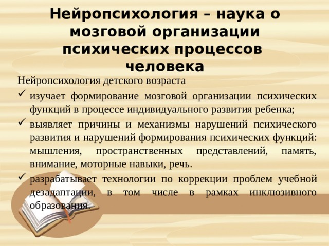 Нейропсихология – наука о мозговой организации психических процессов  человека   Нейропсихология детского возраста изучает формирование мозговой организации психических функций в процессе индивидуального развития ребенка; выявляет причины и механизмы нарушений психического развития и нарушений формирования психических функций: мышления, пространственных представлений, память, внимание, моторные навыки, речь. разрабатывает технологии по коррекции проблем учебной дезадаптации, в том числе в рамках инклюзивного образования. 