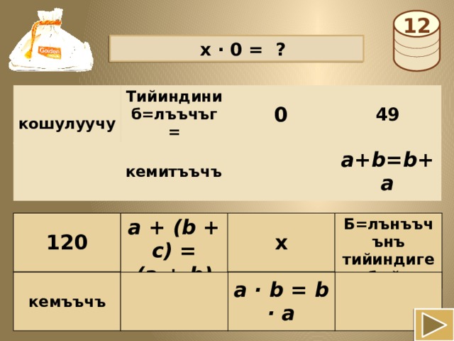 12   x · 0 = ?  кошулуучу Тийиндини б=лъъчъг= к=б=йтъъ 0 49 a+b=b+a кемитъъчъ a + (b + c) = х 120 Б=лънъъчънъ тийиндиге к=б=йтъъ (a + b) + c a · b = b · a кемъъчъ 