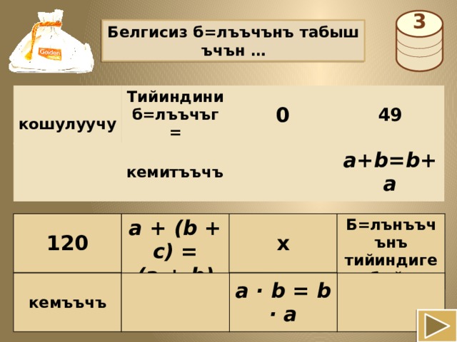 3  Белгисиз б=лъъчънъ табыш ъчън …  кошулуучу Тийиндини б=лъъчъг= к=б=йтъъ 0 49 a+b=b+a кемитъъчъ a + (b + c) = х 120 Б=лънъъчънъ тийиндиге к=б=йтъъ (a + b) + c a · b = b · a кемъъчъ 