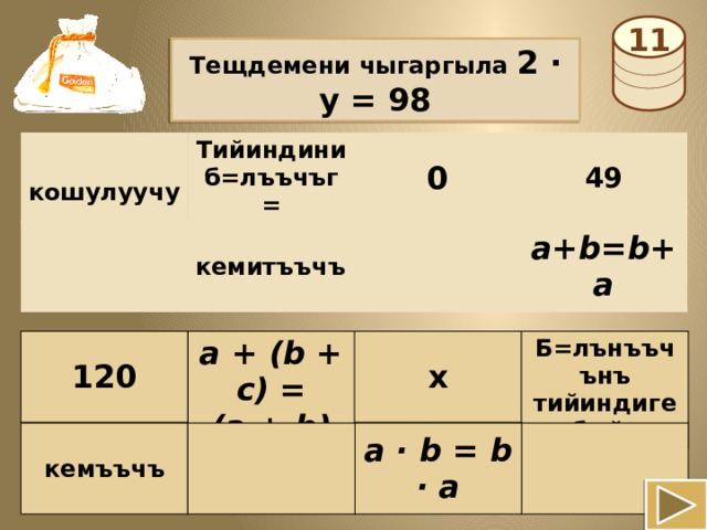 11  Тещдемени чыгаргыла 2 · y = 98  кошулуучу Тийиндини б=лъъчъг= к=б=йтъъ 0 49 a+b=b+a кемитъъчъ a + (b + c) = х 120 Б=лънъъчънъ тийиндиге к=б=йтъъ (a + b) + c a · b = b · a кемъъчъ 
