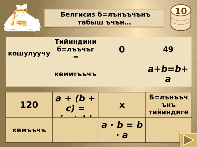  10  Белгисиз б=лънъъчънъ табыш ъчън…  кошулуучу Тийиндини б=лъъчъг= к=б=йтъъ 0 49 a+b=b+a кемитъъчъ a + (b + c) = Б=лънъъчънъ тийиндиге к=б=йтъъ х 120 (a + b) + c a · b = b · a кемъъчъ 