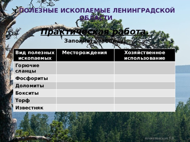  полезные ископаемые ленинградской области Практическая работа. Заполнить таблицу:  Вид полезных ископаемых Месторождения Горючие сланцы Хозяйственное использование Фосфориты Доломиты Бокситы Торф Известняк Алексеевская Т.В. 