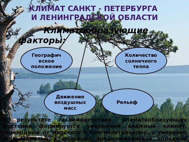 Климат санкт - Петербурга  и ленинградской области  Климатообразующие факторы: Географическое положение Количество солнечного тепла Движение воздушных масс Рельеф  В результате взаимодействия климатообразующих факторов формируется умеренный влажный климат, переходный от морского к континентальному, с умеренно теплым летом и довольно продолжительной холодной зимой. Алексеевская Т.В. 