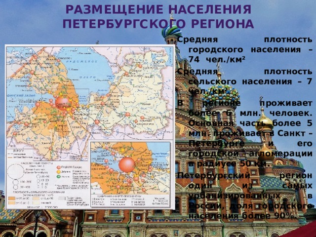 Размещение населения петербургского региона Средняя плотность городского населения – 74 чел./км ² Средняя плотность сельского населения – 7 чел./км² В регионе проживает более 6 млн. человек. Основная часть более 5 млн. проживает в Санкт – Петербурге и его городской агломерации в радиусе 50 км. Петербургский регион один из самых урбанизированных в России, доля городского населения более 90%. Алексеевская Т.В. 