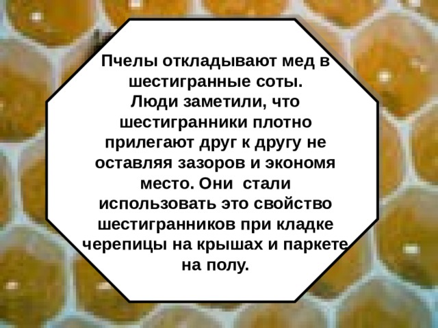 Пчелы откладывают мед в шестигранные соты. Люди заметили, что шестигранники плотно прилегают друг к другу не оставляя зазоров и экономя место. Они стали использовать это свойство шестигранников при кладке черепицы на крышах и паркете на полу. 