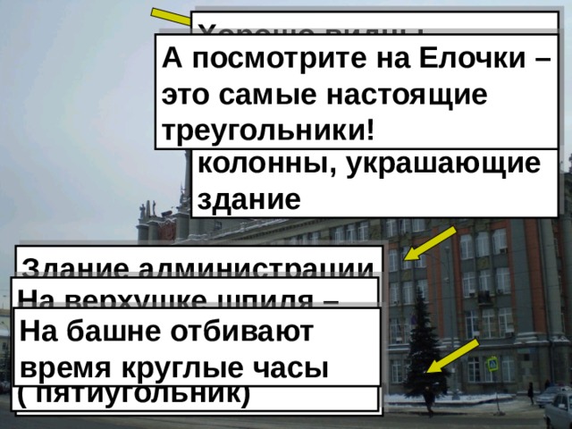 Хорошо видны прямоугольные окна И цилиндрические колонны, украшающие здание А посмотрите на Елочки – это самые настоящие треугольники! Здание администрации города Екатеринбурга. Видим треугольный шпиль На верхушке шпиля – пятиугольная звезда ( пятиугольник) На башне отбивают время круглые часы 