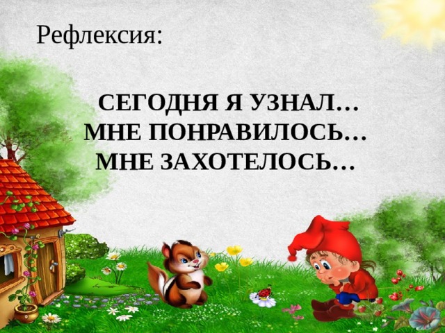 Рефлексия:     СЕГОДНЯ Я УЗНАЛ…  МНЕ ПОНРАВИЛОСЬ…  МНЕ ЗАХОТЕЛОСЬ…   