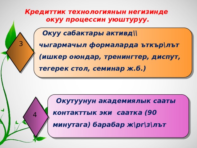 Кредиттик технологиянын негизинде  окуу процессин уюштуруу.  Окуу сабактары активд\\ чыгармачыл формаларда ъткър\лът (ишкер оюндар, тренингтер, диспут, тегерек стол, семинар ж.б.)  3  Окутуунун академиялык сааты контакттык эки саатка (90 минутага) барабар ж\рг\з\лът 4 