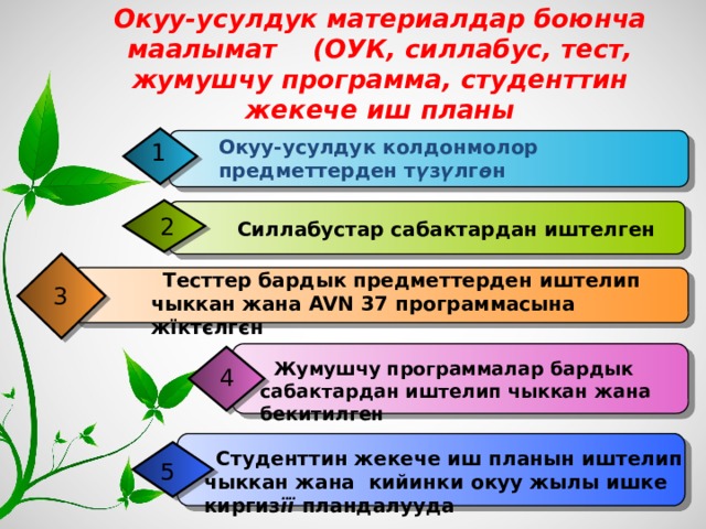 Окуу-усулдук материалдар боюнча маалымат (ОУК, силлабус, тест, жумушчу программа, студенттин жекече иш планы Окуу-усулдук колдонмолор предметтерден т ү з ү лг ѳ н 1 2  Силлабустар сабактардан иштелген  Тесттер бардык предметтерден иштелип чыккан жана AVN 37 программасына жїктєлг є н 3  Жумушчу программалар бардык сабактардан иштелип чыккан жана бекитилген 4  Студенттин жекече иш планын иштелип чыккан жана кийинки окуу жылы ишке киргиз її пландалууда 5 