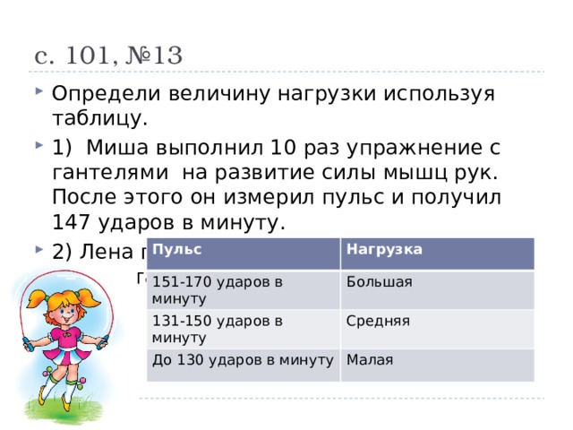 с. 101, №13 Определи величину нагрузки используя таблицу. 1) Миша выполнил 10 раз упражнение с гантелями на развитие силы мышц рук. После этого он измерил пульс и получил 147 ударов в минуту. 2) Лена прыгала через скакалку 5 мин. Её пульс стал равен 121 удару в минуту. Пульс 151-170 ударов в минуту Нагрузка 131-150 ударов в минуту Большая Средняя До 130 ударов в минуту Малая 