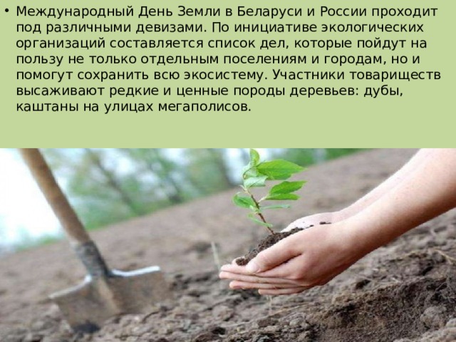 Международный День Земли в Беларуси и России проходит под различными девизами. По инициативе экологических организаций составляется список дел, которые пойдут на пользу не только отдельным поселениям и городам, но и помогут сохранить всю экосистему. Участники товариществ высаживают редкие и ценные породы деревьев: дубы, каштаны на улицах мегаполисов. 