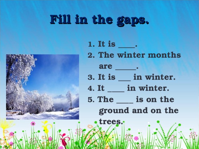 Fill in the gaps. 1 . It is ____. 2 . The winter months  are _____. 3 . It is ___ in winter. 4. It ____ in winter. 5. The ____ is on the  ground and on the  trees. 