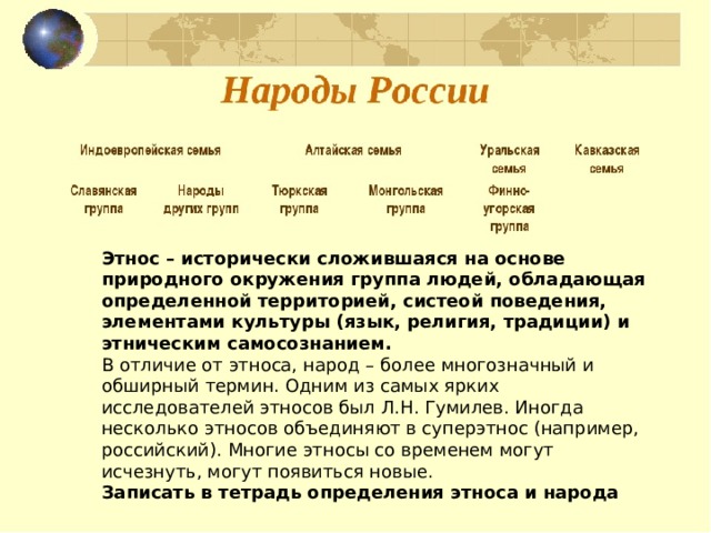 Этнос – исторически сложившаяся на основе природного окружения группа людей, обладающая определенной территорией, систе­ой поведения, элементами культуры (язык, религия, традиции) и этническим самосознанием. В отличие от этноса, народ – более многозначный и обширный термин. Одним из самых ярких исследователей этносов был Л.Н. Гумилев. Иногда несколько этносов объединяют в суперэтнос (например, российский). Многие этносы со временем могут исчезнуть, могут появиться новые. Записать в тетрадь определения этноса и народа 