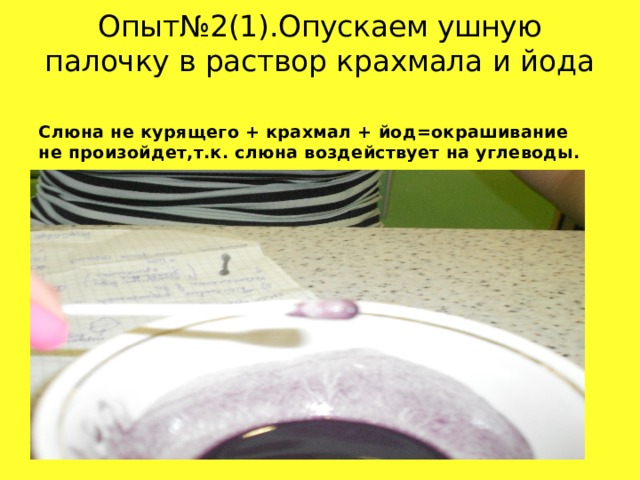 Опыт№2(1).Опускаем ушную палочку в раствор крахмала и йода Слюна не курящего + крахмал + йод=окрашивание не произойдет,т.к. слюна воздействует на углеводы. 