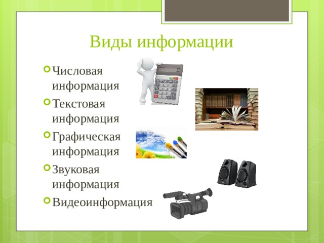 Виды информации Числовая  информация Текстовая  информация Графическая  информация Звуковая  информация Видеоинформация 