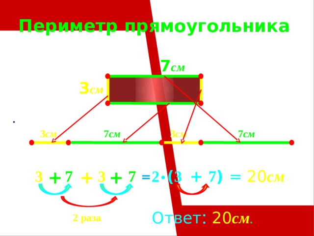 Периметр прямоугольника   7 см   3 см         3 см 3 см 7 см 7 см 2 • ( 3 + 7 ) = 20 см + 3 + + 3 7  7 Ответ :  20 см .     = 2 раза  