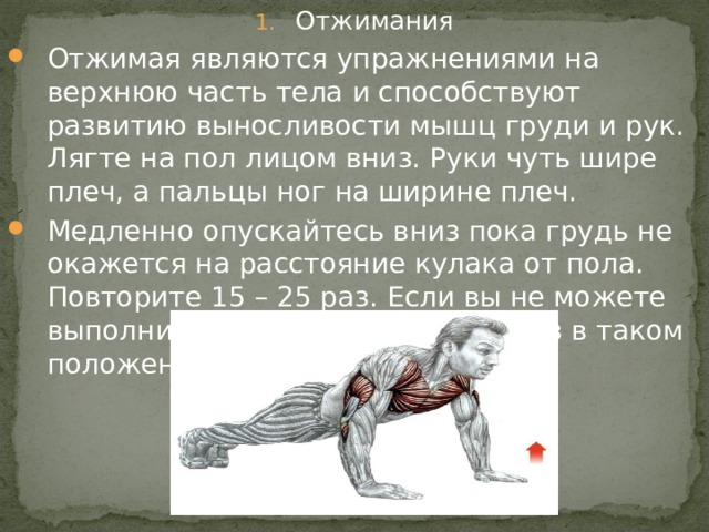 Отжимания Отжимая являются упражнениями на верхнюю часть тела и способствуют развитию выносливости мышц груди и рук. Лягте на пол лицом вниз. Руки чуть шире плеч, а пальцы ног на ширине плеч. Медленно опускайтесь вниз пока грудь не окажется на расстояние кулака от пола. Повторите 15 – 25 раз. Если вы не можете выполнить упражнение 15 – 25 раз в таком положение, встаньте на колени. 