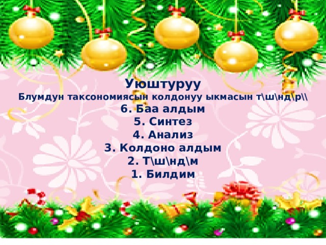 Уюштуруу Блумдун таксономиясын колдонуу ыкмасын т\ш\нд\р\\ 6. Баа алдым 5. Синтез 4. Анализ 3. Колдоно алдым 2. Т\ш\нд\м 1. Билдим   