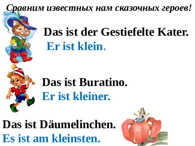 Сравним известных нам сказочных героев! Das ist der Gestiefelte Kater.  Er ist klein . Das ist Buratino. Er ist kleiner. Das ist Däumelinchen. Es ist am kleinsten. 