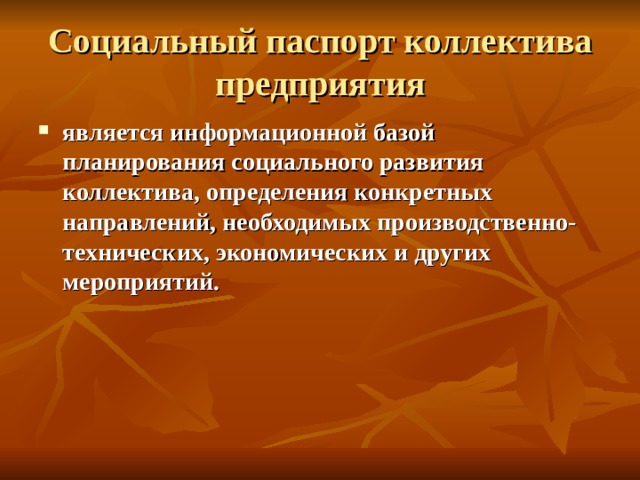 Социальный паспорт коллектива предприятия является информационной базой планирования социального развития коллектива, определения конкретных направлений, необходимых производственно-технических, экономических и других мероприятий. 