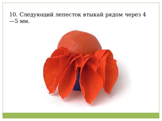 10. Следующий лепесток втыкай рядом через 4—5 мм.   