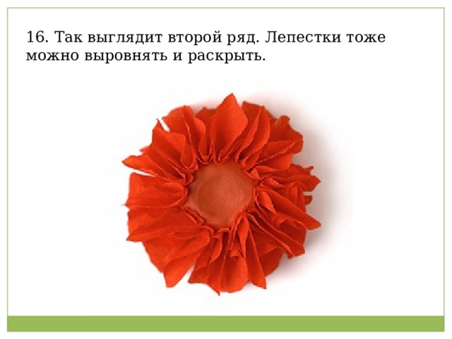 16. Так выглядит второй ряд. Лепестки тоже можно выровнять и раскрыть.   