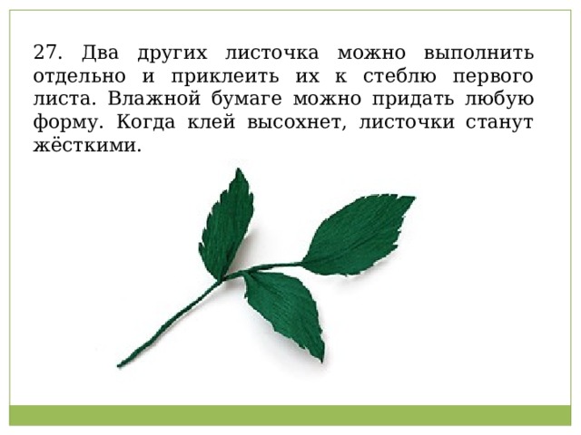 27. Два других листочка можно выполнить отдельно и приклеить их к стеблю первого листа. Влажной бумаге можно придать любую форму. Когда клей высохнет, листочки станут жёсткими.   
