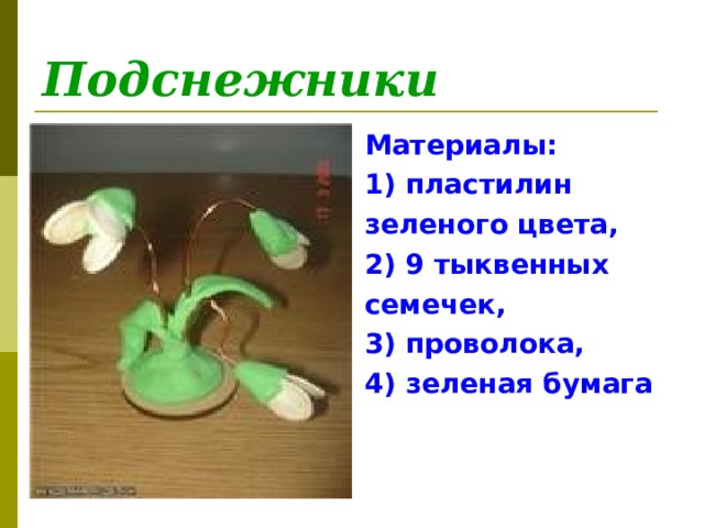 Подснежники Материалы: 1) пластилин зеленого цвета,  2) 9 тыквенных семечек, 3) проволока, 4) зеленая бумага 