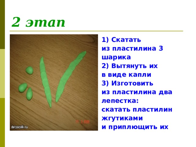 2 этап 1) Скатать из пластилина 3 шарика 2) Вытянуть их в виде капли 3) Изготовить из пластилина два лепестка: скатать пластилин жгутиками и приплющить их 