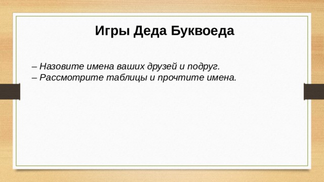Игры Деда Буквоеда – Назовите имена ваших друзей и подруг. – Рассмотрите таблицы и прочтите имена. 