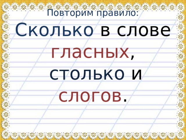 Повторим правило:  Сколько в слове гласных ,   столько и слогов .    