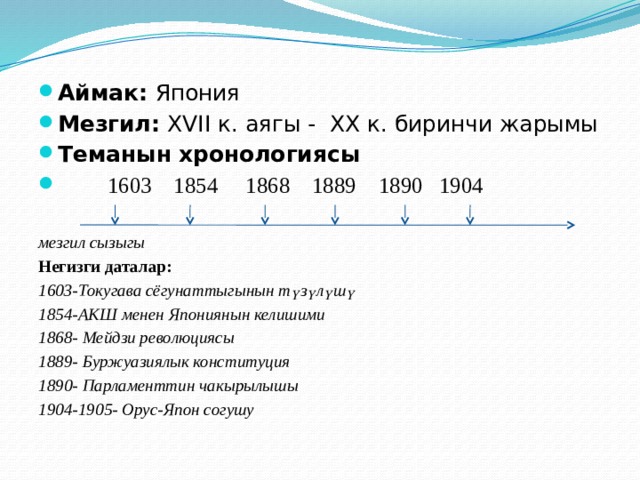 Аймак: Япония Мезгил: XVII к. аягы - XX к. биринчи жарымы Теманын хронологиясы  1603 1854 1868 1889 1890 1904 мезгил сызыгы Негизги даталар: 1603-Токугава сёгунаттыгынын түзүлүшү 1854-АКШ менен Япониянын келишими 1868- Мейдзи революциясы 1889- Буржуазиялык конституция 1890- Парламенттин чакырылышы 1904-1905- Орус-Япон согушу  