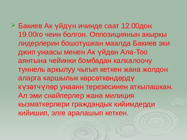 Бакиев Ак үйдүн ичинде саат 12.00дон 19.00го чеин болгон. Оппозициянын акыркы лидерлерин бошотушкан маалда Бакиев эки джип унаасы менен Ак үйдөн Ала-Тоо аянтына чейинки бомбадан калкалоочу туннель аркылуу чыгып кеткен жана жолдон аларга каршылык көрсөткөндөрдү күзөтчүлөр унаанн терезесинен аткылашкан. Ал эми снайперлер жана милиция кызматкерлери граждандык кийимдерди кийишип, элге аралашып кеткен.   