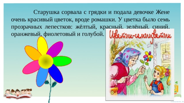  Старушка сорвала с грядки и подала девочке Жене очень красивый цветок, вроде ромашки. У цветка было семь прозрачных лепестков: жёлтый, красный, зелёный, синий, оранжевый, фиолетовый и голубой. 
